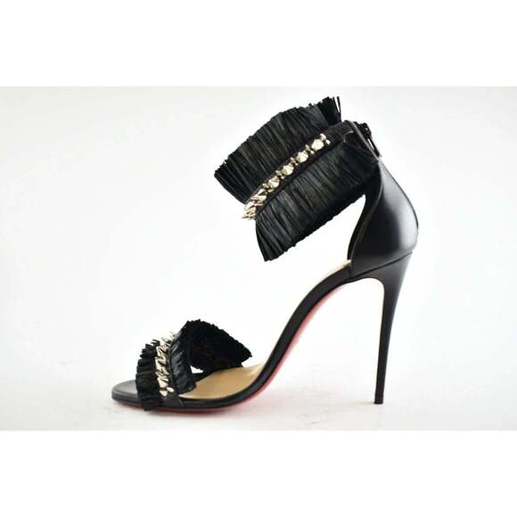Christian Louboutin Poupedou 100 Black Raffia Ankle Strap Sandal Heel Pump 36 - Picture 8 of 11